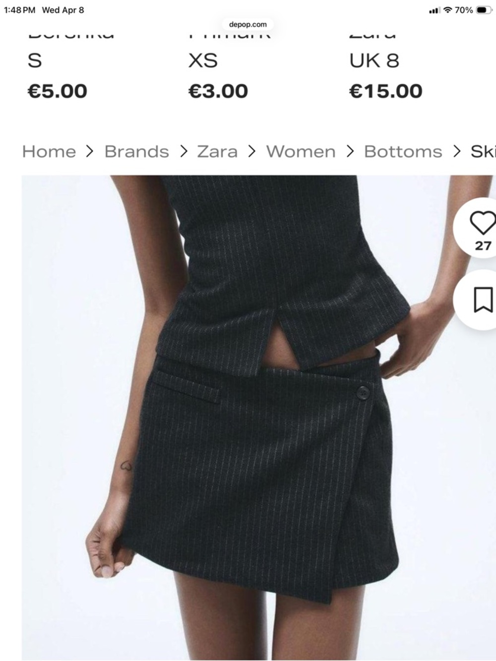 Zara Black Pinstripe Wrap Mini Skirt with Button Detail